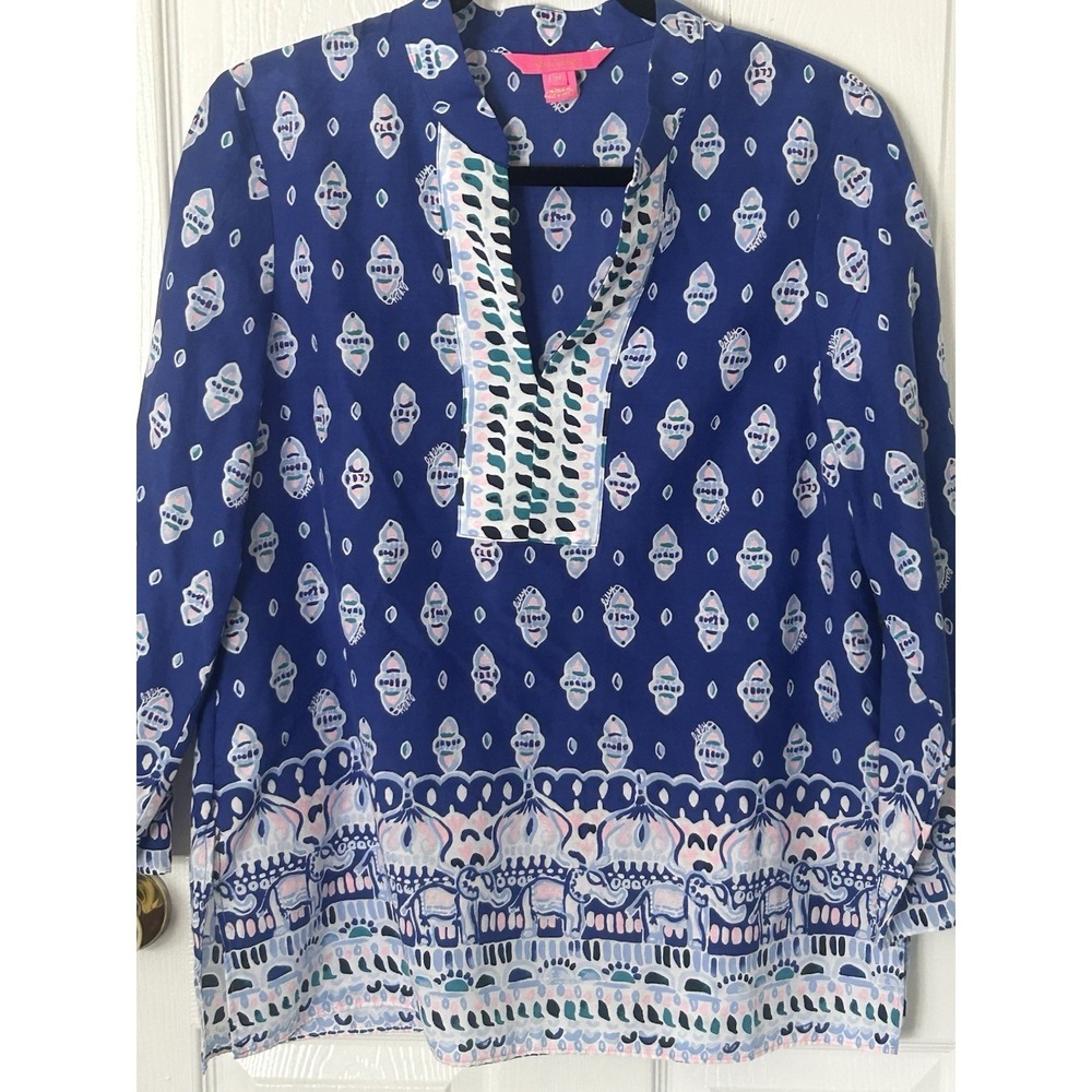 Lilly Pulitzer Lapis Engineered Asani Tunic M Blues Pinks Elephants Boho - Picture 3 of 12